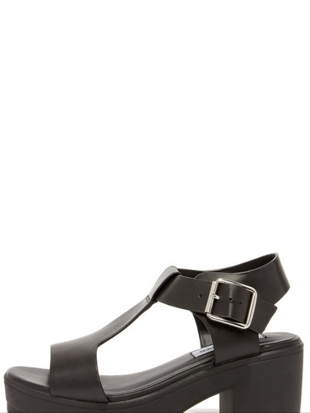 Steve Madden Stefano Black Leather Block Heel T-Strap Buckle '90s Vintage W 10